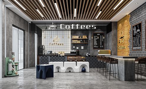 Industrial LOFT Coffee Shop Milk Tea Shop Beverage Shop Bar Counter Cashier Console Back Kitchen Equipment Leisure Tables and Chairs 3d model