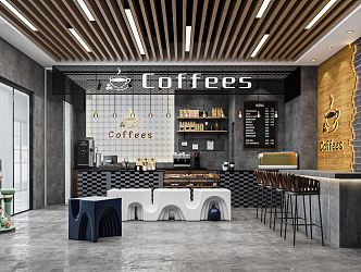 Industrial LOFT Coffee Shop Milk Tea Shop Beverage Shop Bar Counter Cashier Console Back Kitchen Equipment Leisure Tables and Chairs 3d model