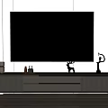 Modern TV Stand With Drawers And Decorative Ornaments On Gray Striped Wall