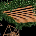 Greenery Covered Wooden Pergola On Paved Ground With Swing And People Relaxing