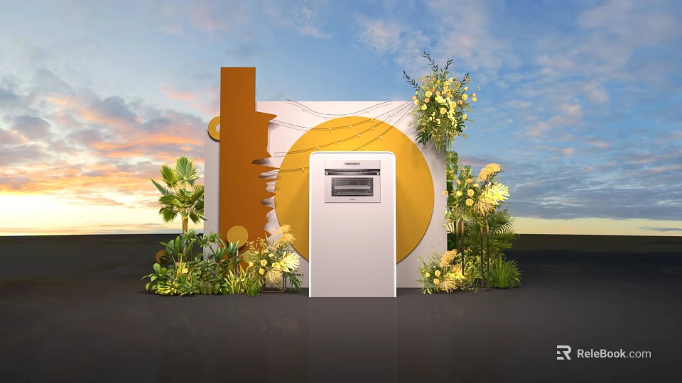 Stylish Display Setup Featuring Miele Oven Plant Decorations Orange Yellow Circular Backdrop And Sunset Sky 3d model 
