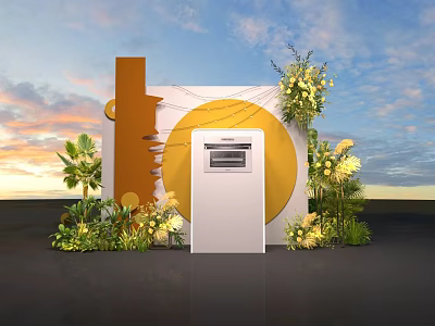 Stylish Display Setup Featuring Miele Oven Plant Decorations Orange Yellow Circular Backdrop And Sunset Sky 3d model