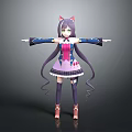 Cat Ears Green Eyes Game and Movie Character With Long Purple Hair Purple Pink Dress
