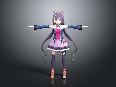 Cat Ears Green Eyes Game and Movie Character With Long Purple Hair Purple Pink Dress 3d model