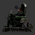 Green Clad Figure Seated On Tech Inspired Rotating Chair With Staff And Screens