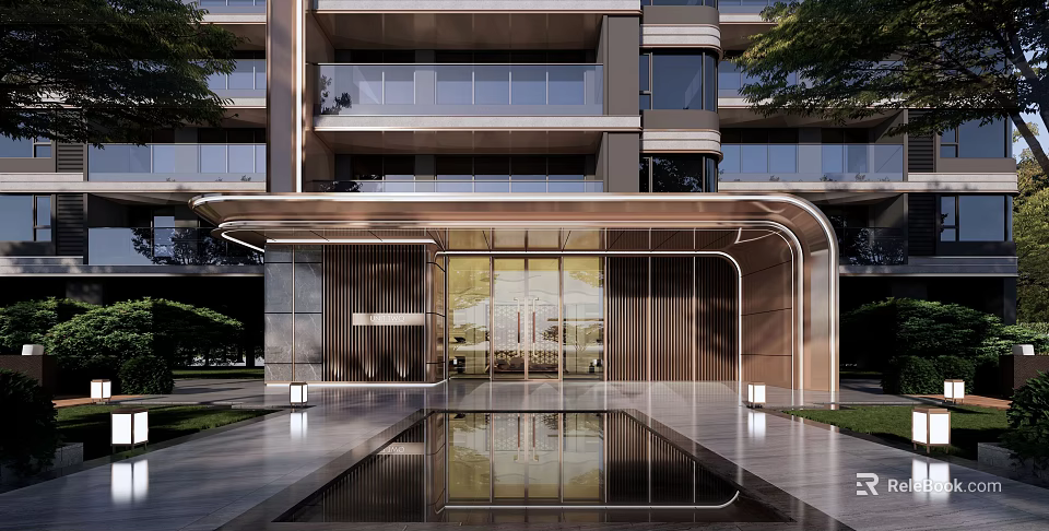 Modern Entrance Gate With Metal Canopy Glass Doors And Water Pool Reflection 3d model 