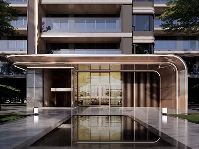 Modern Entrance Gate With Metal Canopy Glass Doors And Water Pool Reflection 3d model