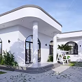 Modern Detached Villa Exterior With Arched Windows Columns And Front Garden