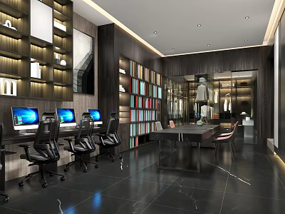 Modern Office Interior Design With Bookshelves Computers And Ergonomic Chairs 3d model