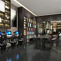 Modern Office Interior Design With Bookshelves Computers And Ergonomic Chairs