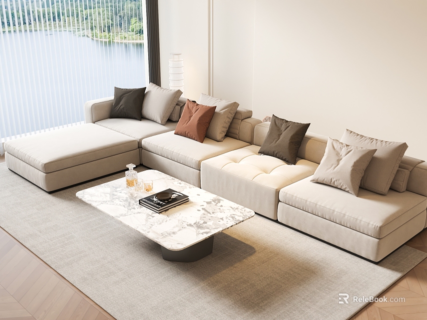 Modern Beige Sofa With Various Color Cushions And Marble Top Coffee Table Set 3d model 