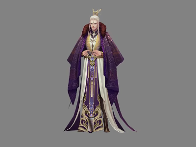 White Haired Royal Character In Ornate Purple Robe With Golden Crown And Decorative Object 3d model