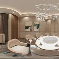 Elegant Banquet Hall Featuring White Branch Chandeliers Marble Flooring Beige Chairs And Gold Accents