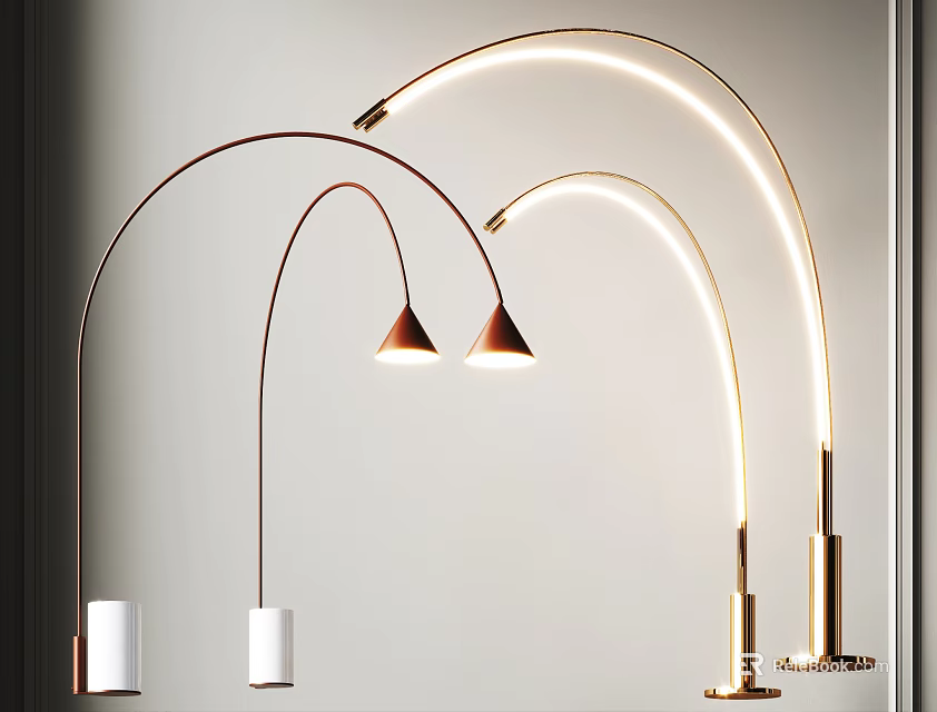 Elegant Modern Floor Lamps With Curved Metallic Stands And Conical Illuminated Shades 3d model 