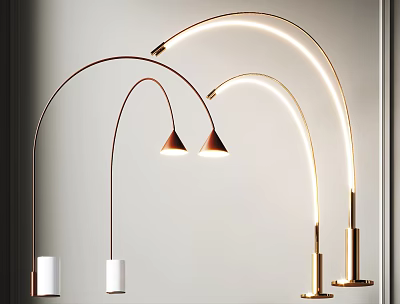 Elegant Modern Floor Lamps With Curved Metallic Stands And Conical Illuminated Shades 3d model