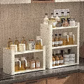 Modern Kitchen Storage With White Shelves Displaying Various Glass Bottles And Jars