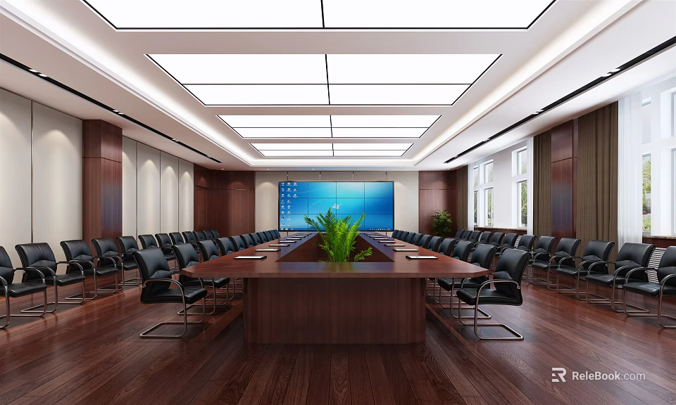 Spacious Conference Room With Long Wooden Table Green Plant Black Chairs And Large Screen 3d model 