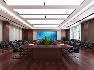 Spacious Conference Room With Long Wooden Table Green Plant Black Chairs And Large Screen 3d model