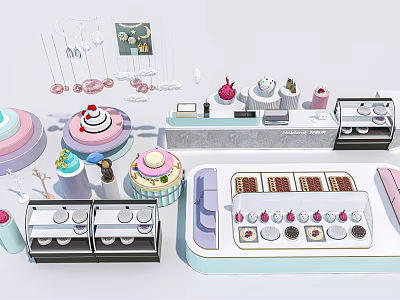Modern Retail Display Shelves Showcasing Cakes Ice Cream and Desserts with Stylish Arrangement 3d model