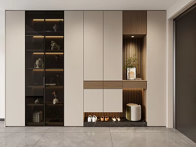 Modern Shoe Cabinet With Glass Doors Wooden Panels And Built In Lighting For Entryway 3d model