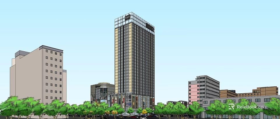 Modern High Rise Building With Glass Facade Surrounded By Other Structures And Green Trees 3d model 