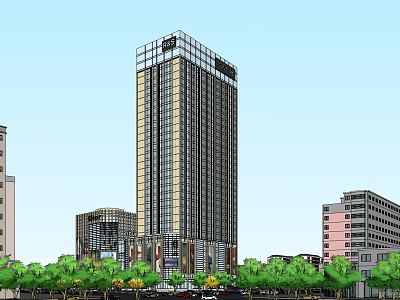 Modern High Rise Building With Glass Facade Surrounded By Other Structures And Green Trees 3d model