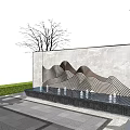 Scenic Feature Wall Design With Mountain Pattern Water Wave Elements Greenery And Stone Pathway