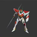 Red White Yellow Mech Robot Standing Pose Holding Spear Shield on Shiny Reflective Floor 3d model