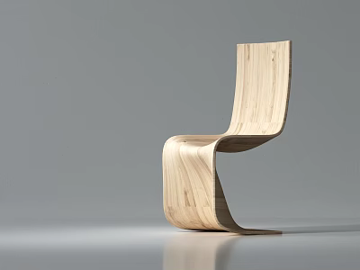 Wooden Single Chair With Modern Curved Design And Natural Finish 3d model