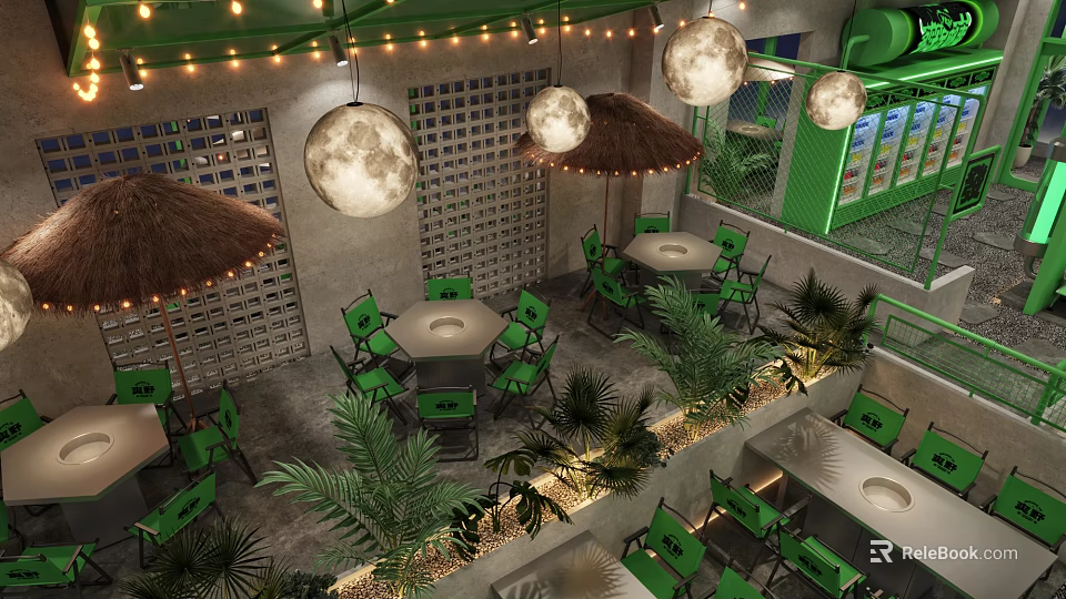 Tropical Modern Restaurant Interior Featuring Green Chairs Tables Moon Lights Thatched Umbrellas Indoor Plants 3d model 
