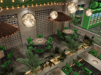 Tropical Modern Restaurant Interior Featuring Green Chairs Tables Moon Lights Thatched Umbrellas Indoor Plants 3d model