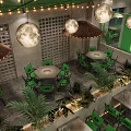 Tropical Modern Restaurant Interior Featuring Green Chairs Tables Moon Lights Thatched Umbrellas Indoor Plants