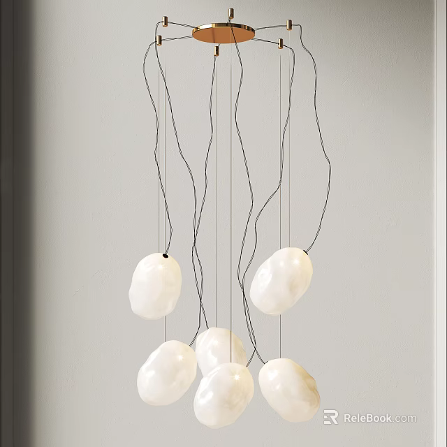 Modern Artistic Chandelier With White Stone Like Pendants On Black Hanging Wires For Interior Spaces 3d model 