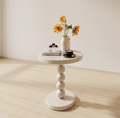 Modern White Side Table With Spherical Base Sunflowers Vase Books And Black Cup 3d model
