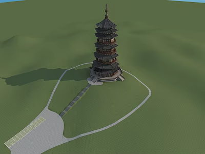 Ancient Multi Tiered Pagoda Traditional Wooden Structure Surrounded By Green Hills And Stone Path 3d model