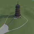 Ancient Multi Tiered Pagoda Traditional Wooden Structure Surrounded By Green Hills And Stone Path 3d model