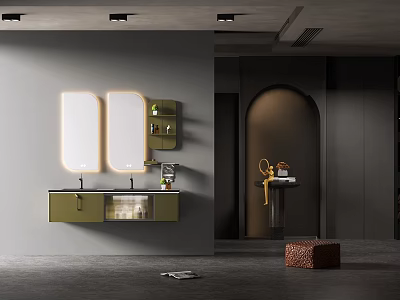 Modern Bathroom Vanity With Double Illuminated Mirrors Wall Mounted Design And Storage Shelves 3d model