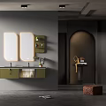 Modern Bathroom Vanity With Double Illuminated Mirrors Wall Mounted Design And Storage Shelves