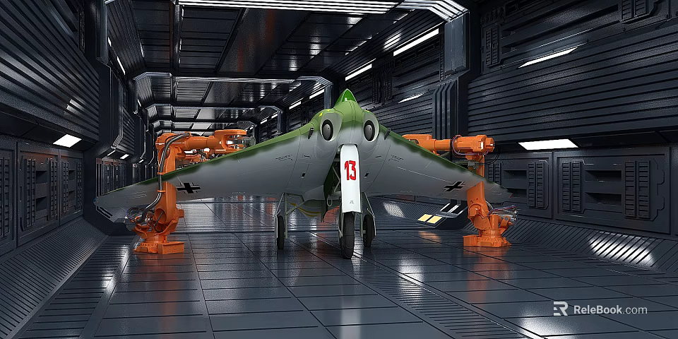 Green And White Aircraft In Industrial Hangar With Orange Robotic Arms 3d model 