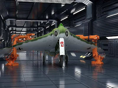Green And White Aircraft In Industrial Hangar With Orange Robotic Arms 3d model