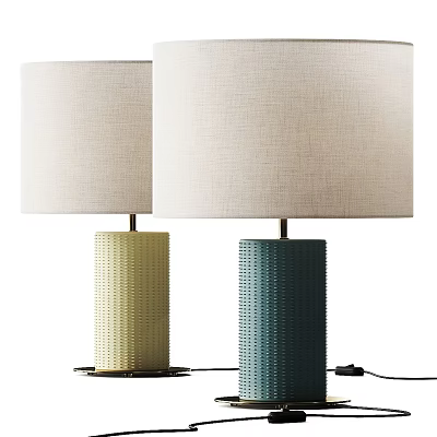 Modern Table Lamps With Beige Shades And Textured Cylindrical Bases In Yellow And Teal 3d model