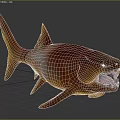 Realistic 3D Model Prehistoric Aquatic Fish With Open Mouth Sharp Teeth Brownish Red Swimming Pose