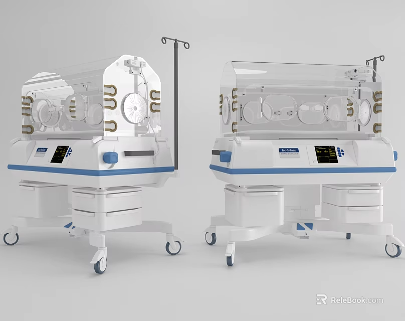 Medical Equipment Two Neonatal Incubators for Infant Care with Transparent Cover and Wheels 3d model 