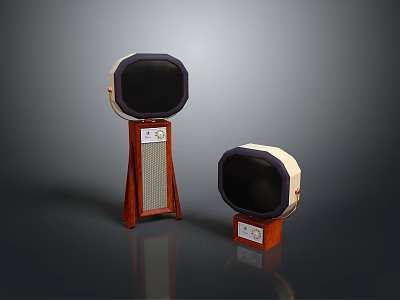Two Computer Monitors With Wooden Stands In Different Sizes And Retro Design Elements 3d model