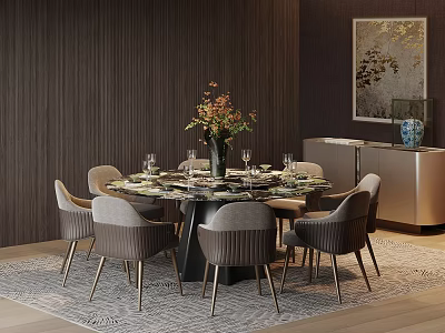 Elegant Round Dining Table Set With Gray Chairs Flower Vase Tableware And Dark Wooden Wall 3d model