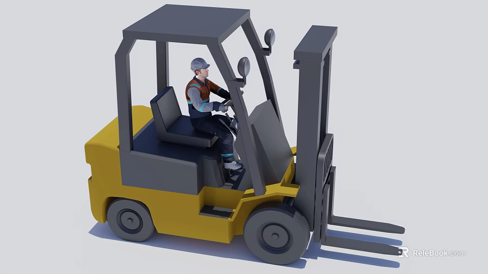 Yellow Heavy Duty Industrial Forklift Equipment With Operator Wearing Safety Helmet Driving 3d model 