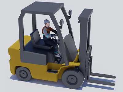 Yellow Heavy Duty Industrial Forklift Equipment With Operator Wearing Safety Helmet Driving 3d model