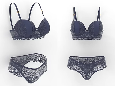 Women's Dark Blue Lace Lingerie Set With Bralette And Panty Design 3d model
