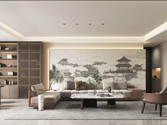 New Chinese Style Guest Restaurant Combination Sofa Dining Table Tea Table Tea Room Study Bookcase TV Background Wall Nakajima Tea Cabinet Restaurant 3d model