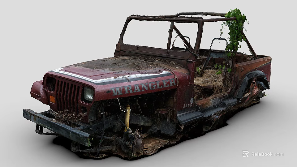 Rusted Jeep Wrangler Abandoned Vehicle With Overgrown Vines And Damaged Body 3d model 